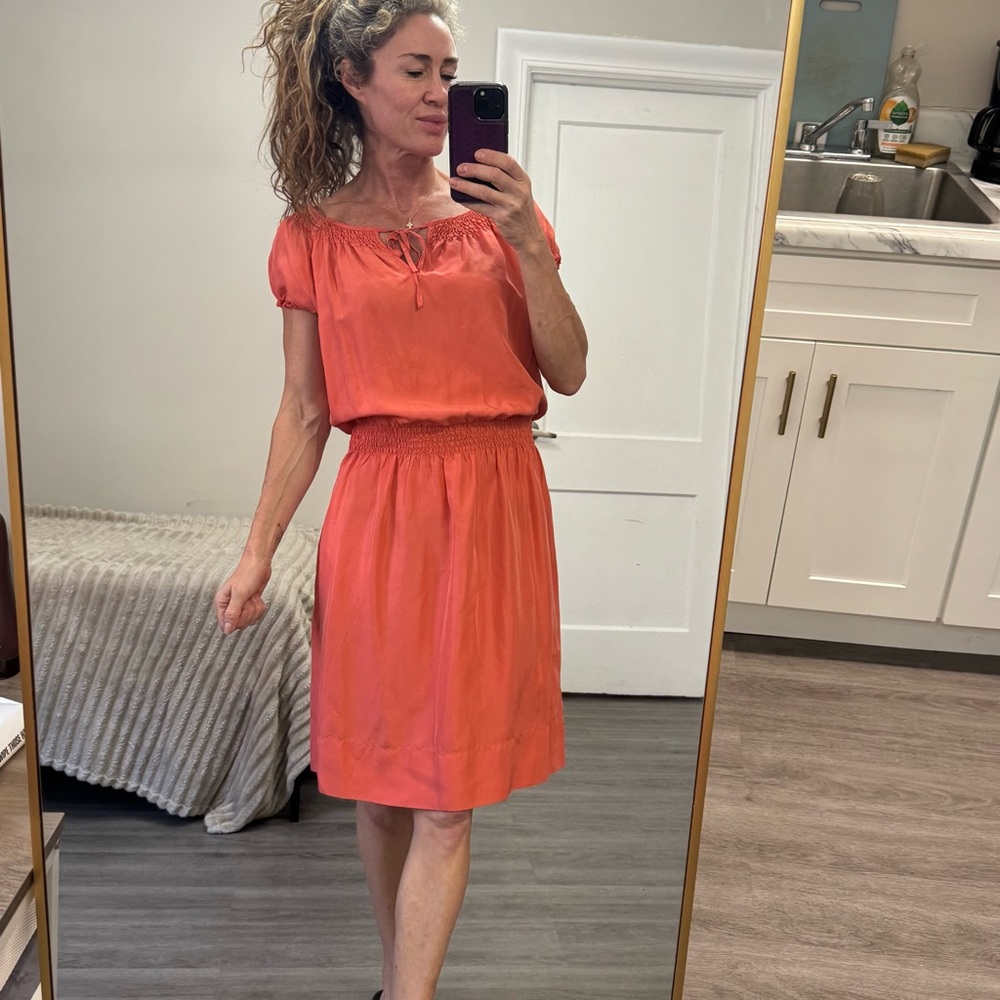 Talbots Coral Silk Smocked Dress with Pockets Size Small
